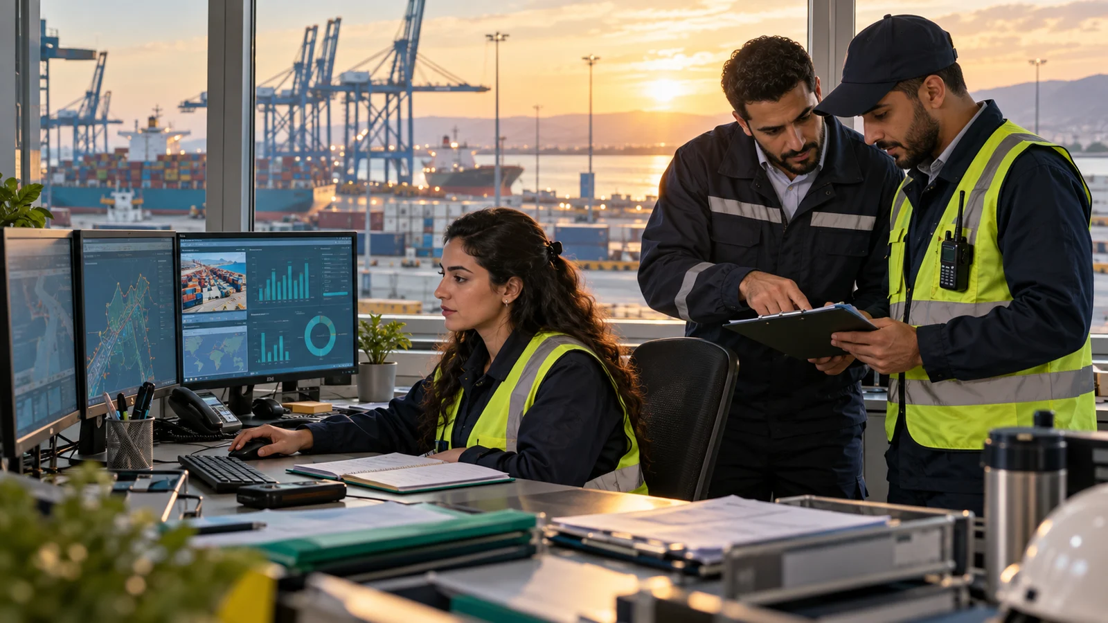 Original illustration: a logistics team discussing operations overlooking port facilities in Morocco