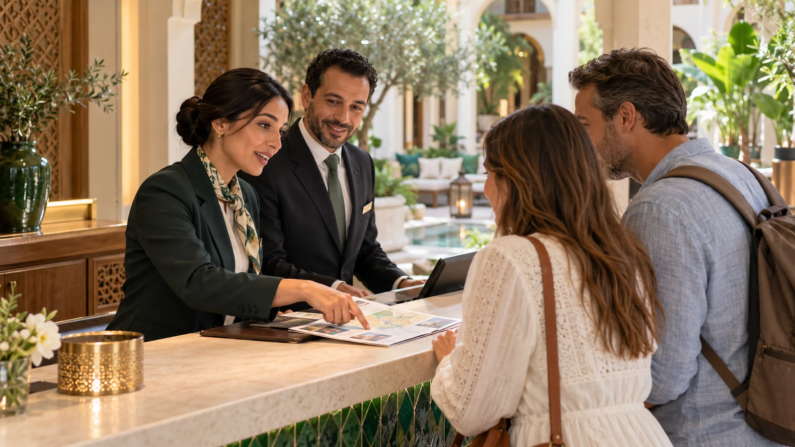 Illustration originale : une équipe de réception accueille des voyageurs dans un hôtel au Maroc