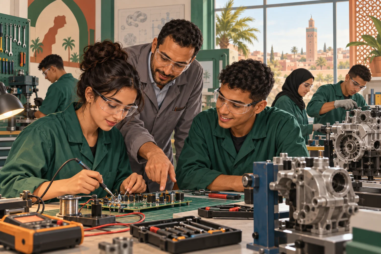 Illustration de stagiaires marocains accompagnés dans un atelier de formation technique