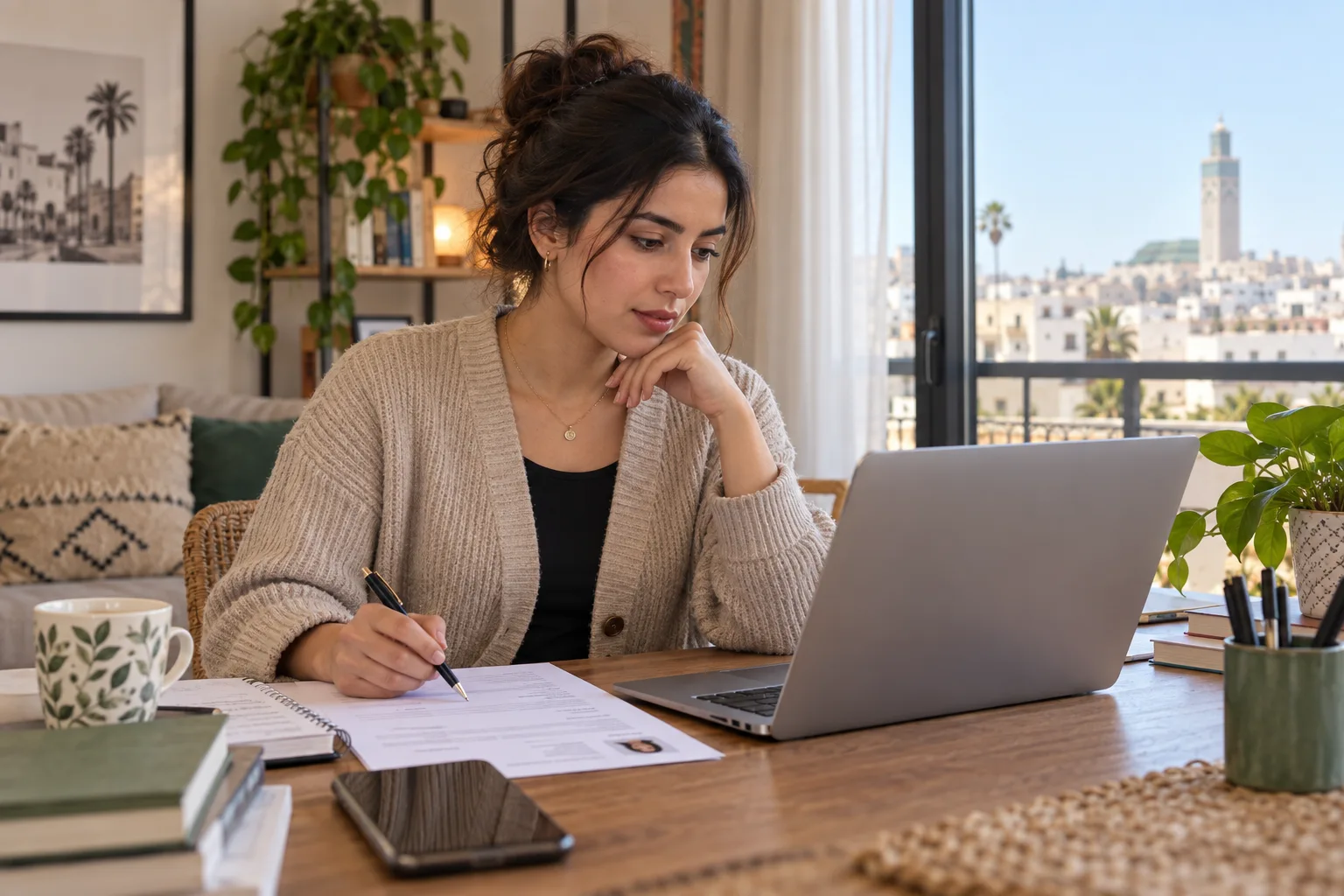 Illustration réaliste d’une candidate préparant son CV à domicile