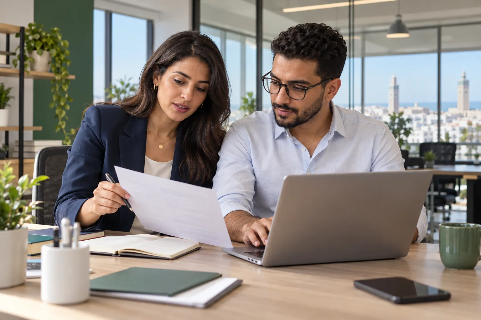 Illustration réaliste de deux recruteurs préparant une offre dans un bureau